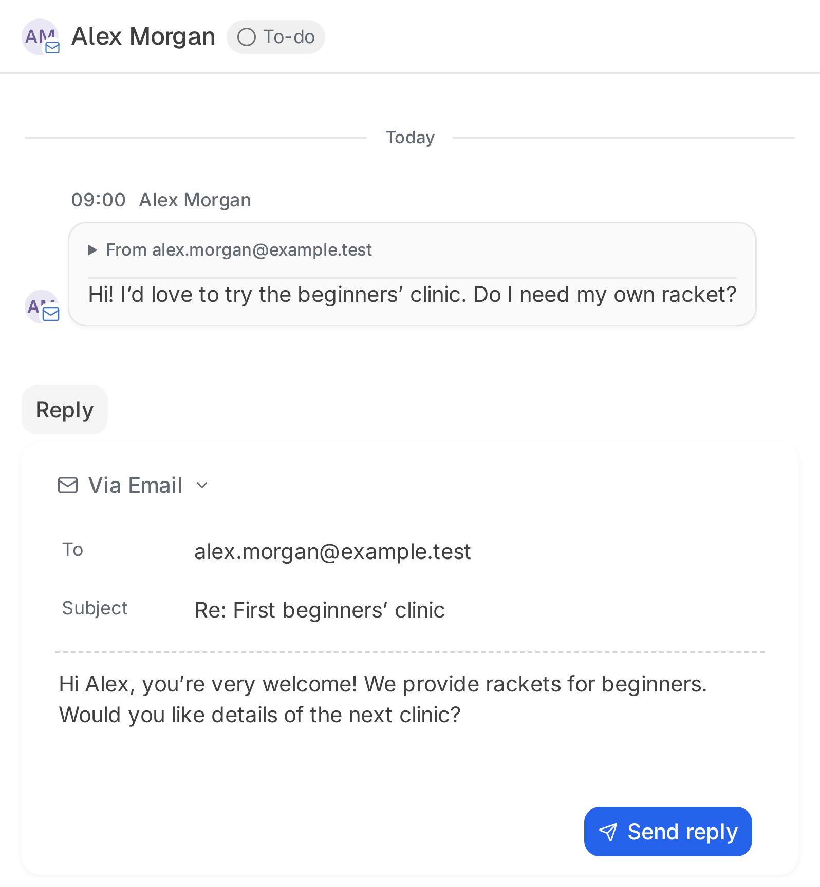 Alex’s enquiry and the club’s reply composer.