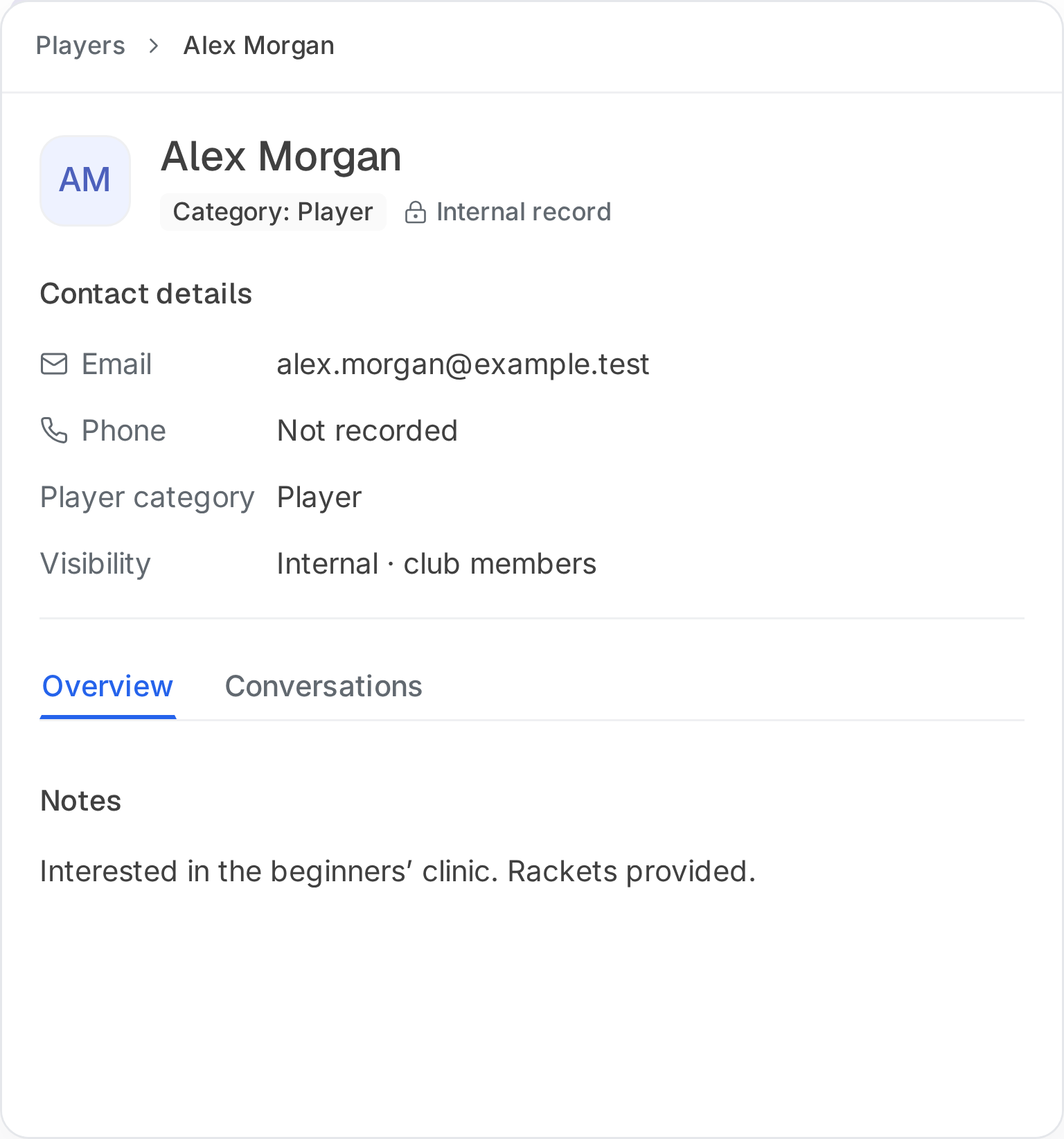 Alex’s player record, contact details and club notes.