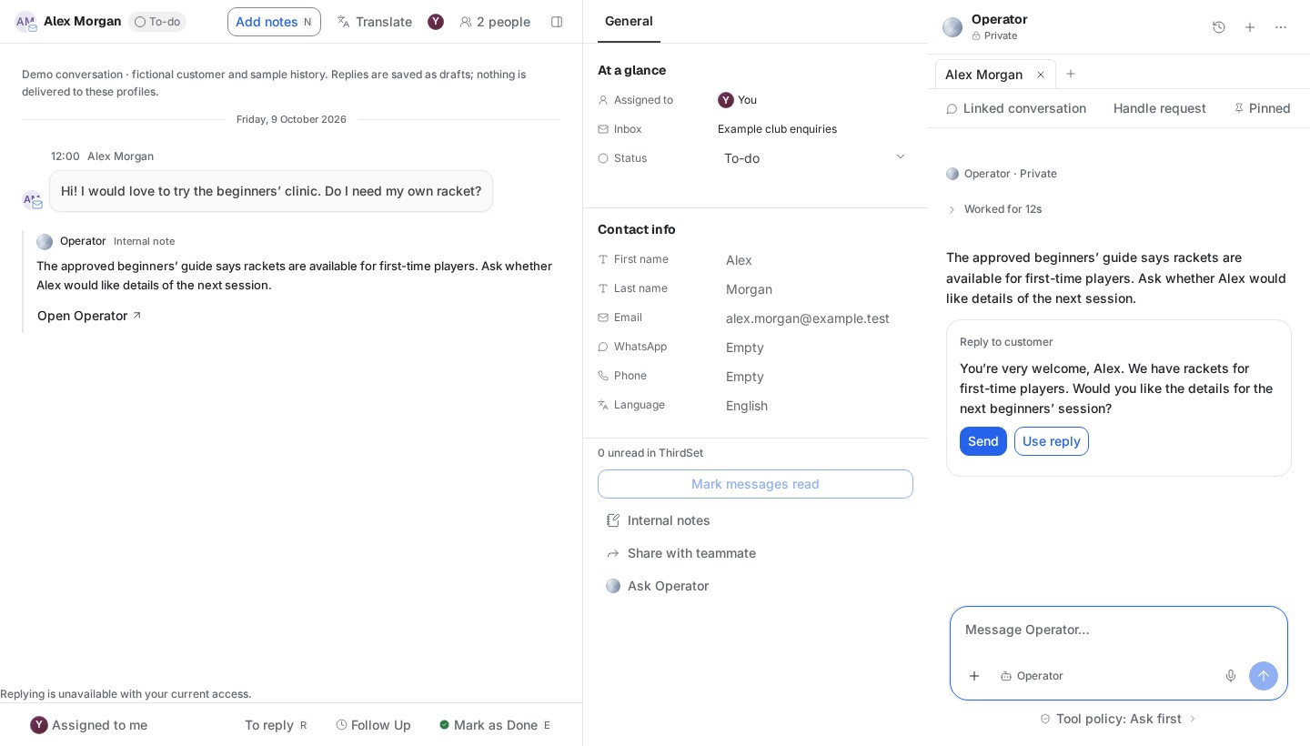 ThirdSet Inbox with a player enquiry, contact details and the Operator reply panel