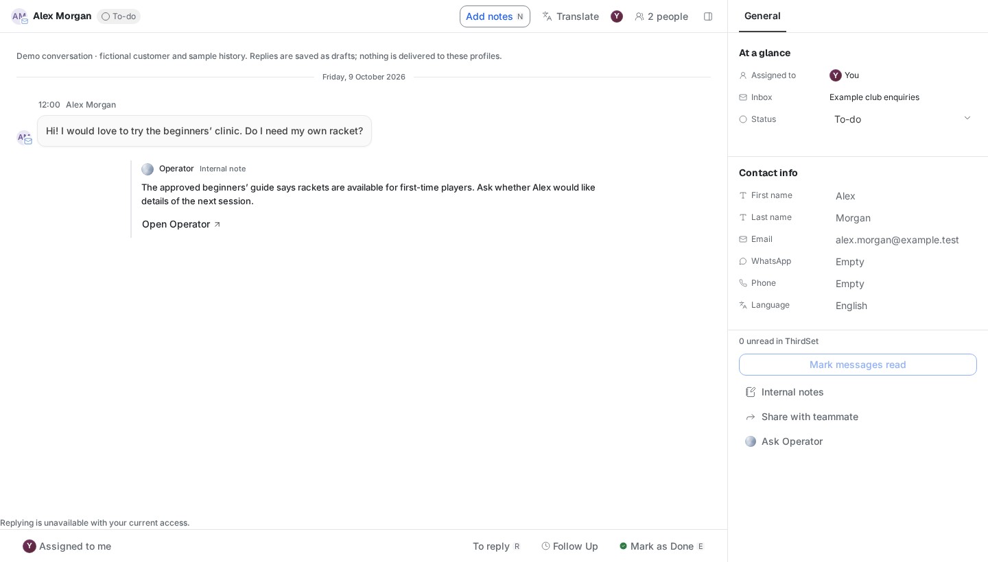 Inbox showing a player enquiry, an internal Operator note and contact details