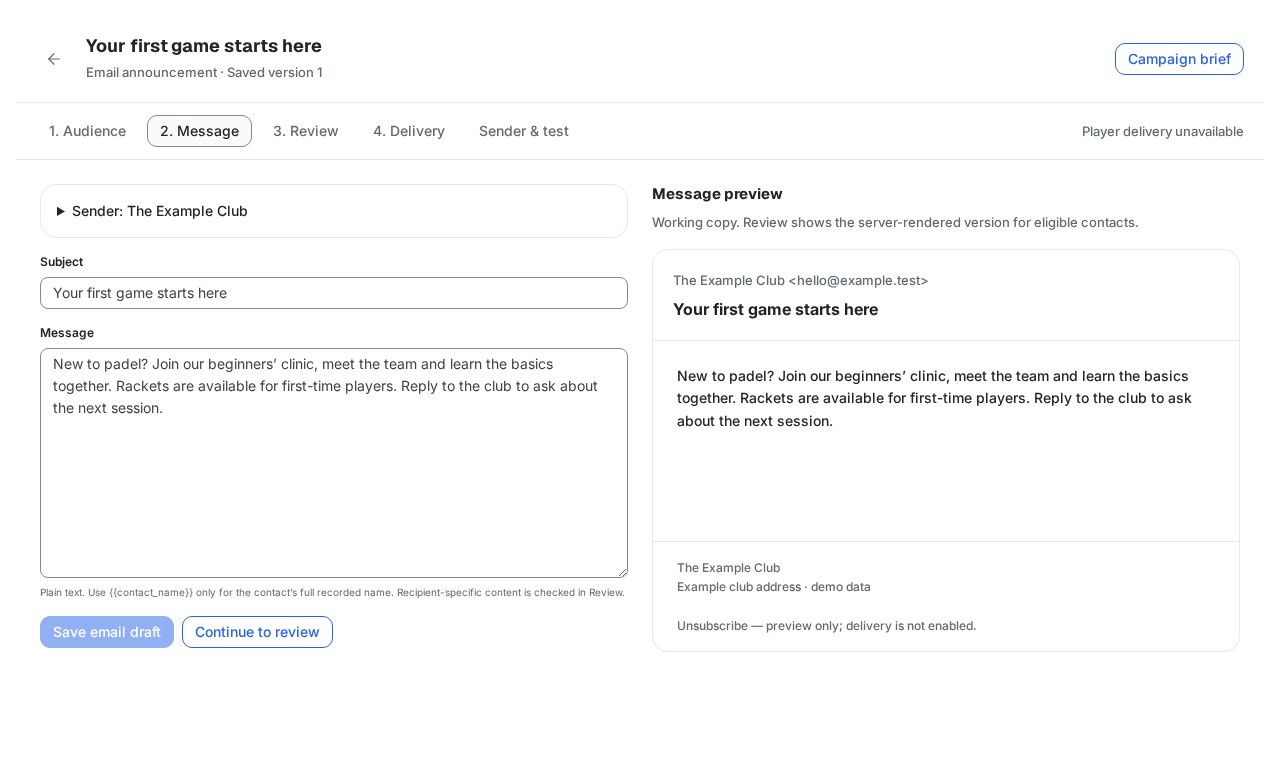 Campaign email editor showing subject, message, preview and Player delivery unavailable