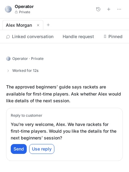 Operator panel showing a proposed reply and the Send and Use reply controls