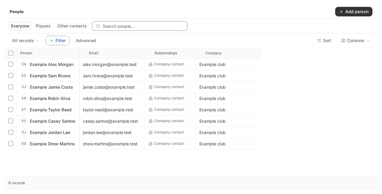 People directory with contact rows, filters and column controls